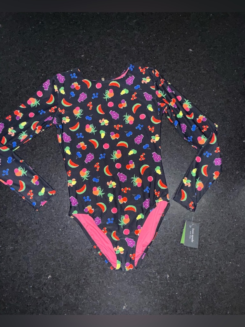 NEW KATE SPADE BLACK RADIANT FRUIT LONG SLEEVE RASH GAURD ONE PIECE SWIMSUIT SM - Picture 3 of 9